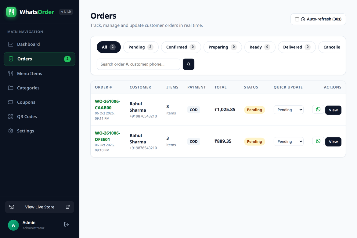 Admin orders